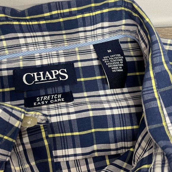 Chaps Men’s Medium Blue White Yellow Plaid Long Sleeve Button Down Stretch Shirt - Picture 5 of 10